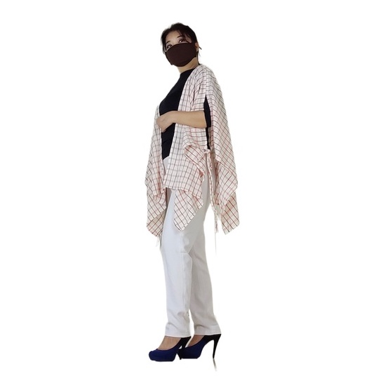 Outer Tali Big Size Kardigan Kimono Kelelawar Batwing Katun Crinkle Kubus Gesyal Putih Pink