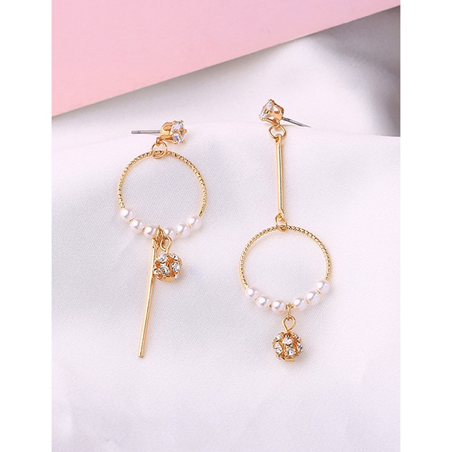 LRC Anting Tusuk Fashion Gold Crystal Alloy Pearl Key Asymmetric Earrings D03324