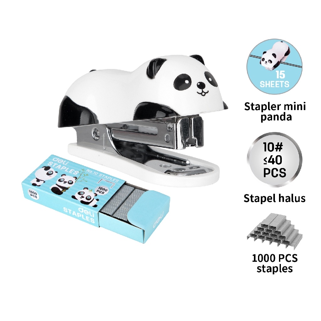 HAPPY TIME DELI STAPLER + REFILL STAPLES KECIL SEKOLAH MINI PANDA LUCU ALAT TULIS SEKOLAH KANTOR KULIAH  E0453