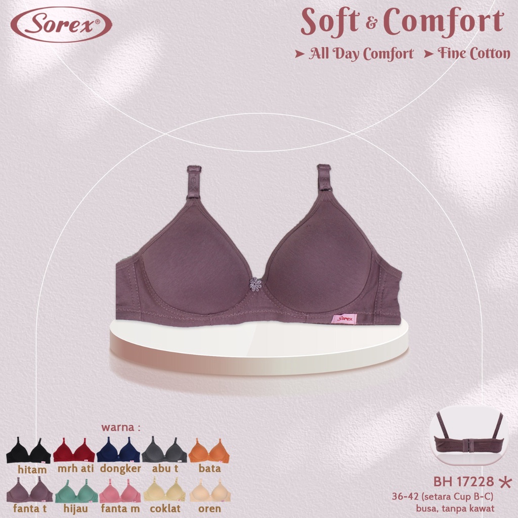 Sorex Bra Super Soft Busa Tanpa Kawat Cup Besar Kait 3 Setara Cup B-C BH  Harian 17228-2