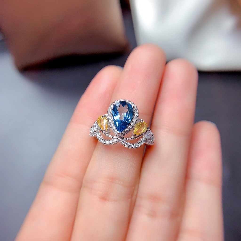 Cincin Model Terbuka Desain Mahkota Hias Topaz Biru Gaya Simple Untuk Wanita