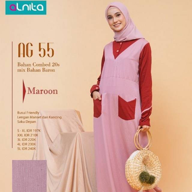 Baju Gamis Dewasa Alnita AG 55 Terbaru Syar' i Muslimah Trendy Combed 20s Mix Bahan Baron