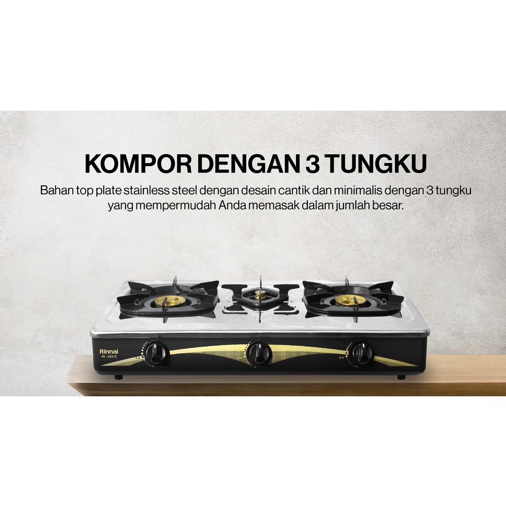 Kompor Gas Rinnai RI 603 E 3 Tungku Kompor Rinnai 603E Stainless Steel Kompor 3 Dudukan Kompor Rinnai Stainless RI-603e