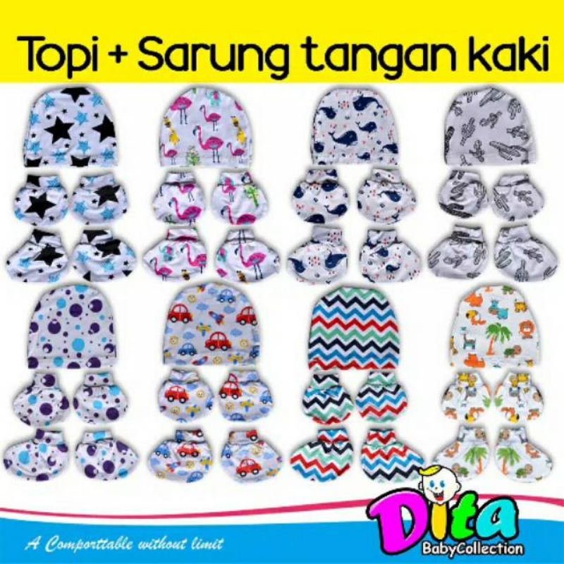 Topi+Bandana bayi/sarung tangan bayi motif