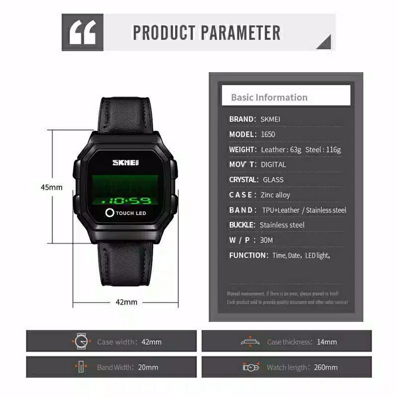 Jam Skmei 1650 steel touchscreen bergaransi free carton box