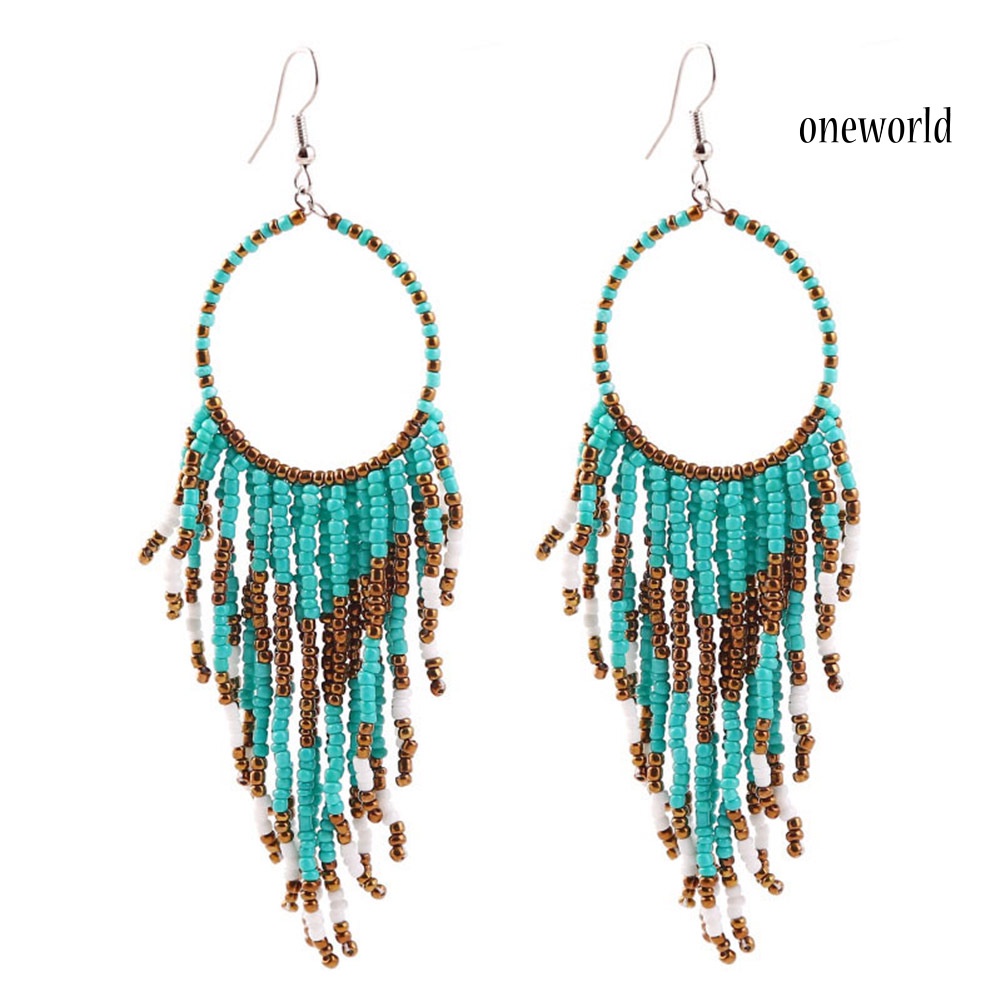 OW# Bohemian Women Beads Tassel Round Dangle Long Hook Earrings Statement Jewelry