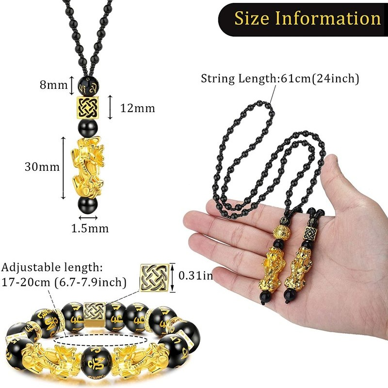 Set Gelang Tangan Elastis Adjustable + Kalung Manik-Manik Batu Obsidian Untuk Pria / Wanita