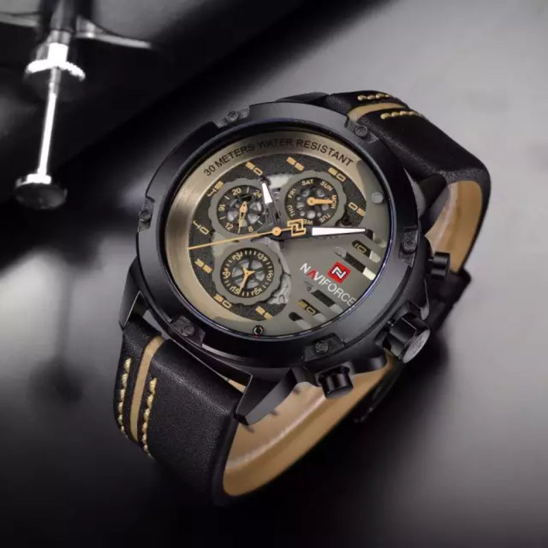 jam tangan pria NAVIFORCE 9110 Tali kulit chrono aktif original