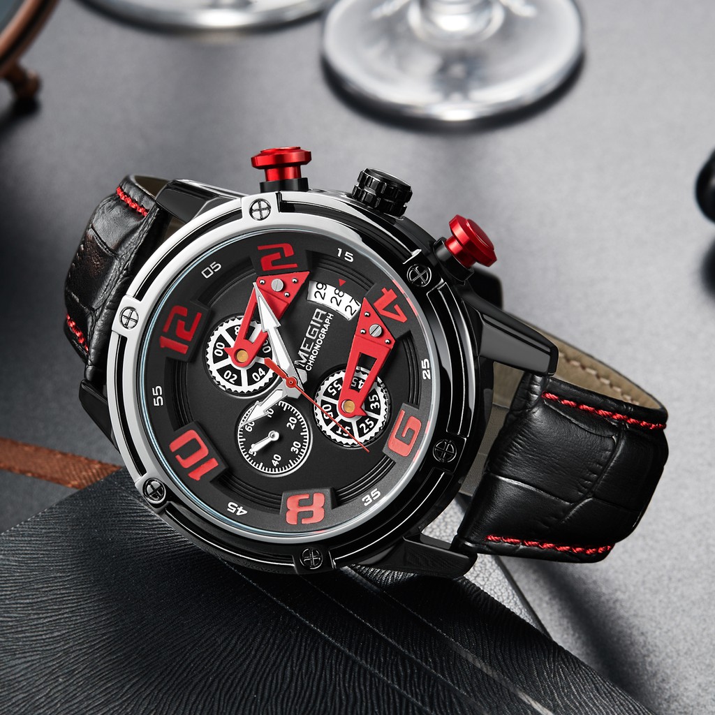 MEGIR 2078 Jam Tangan Pria Analog Chronograph Tali Kulit WATCHKITE WKOS