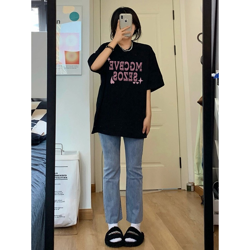 EUNII T-shirt Lengan Pendek Cetakan Busur Besar Longgar Korean Style/Kaos Atasan Wanita/Baju Kaus Oversize Wanita