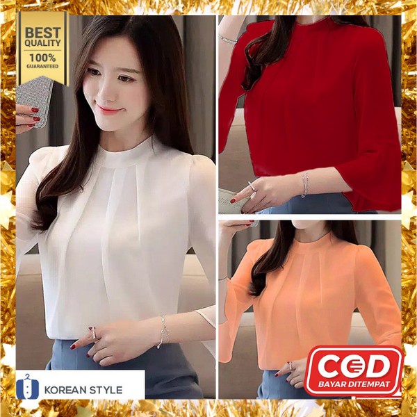 8651 Baju Blus Kemeja Lengan Panjang Lengan Lace Bunga Kerah Putih Polos Style Cewek Korea Import Pe