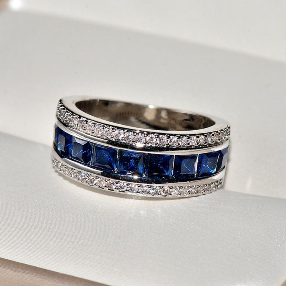 Timekey Cincin Tunangan Sterling Silver 925 Hias Berlian Sapphire Biru Untuk Pria / Wanita A1K2