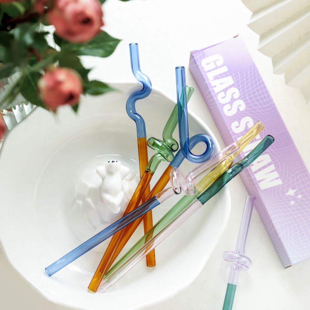 [Elegan] Sedotan Minum Reusable Colorful Twist Glass Bening Perlengkapan Pesta