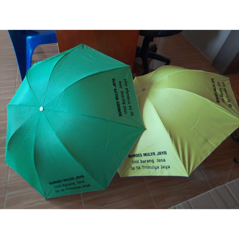 Payung Lipat 3 warna HIJAU bawah Silver UV Protection + Sablon Custom 1 film 1 warna 4 sisi