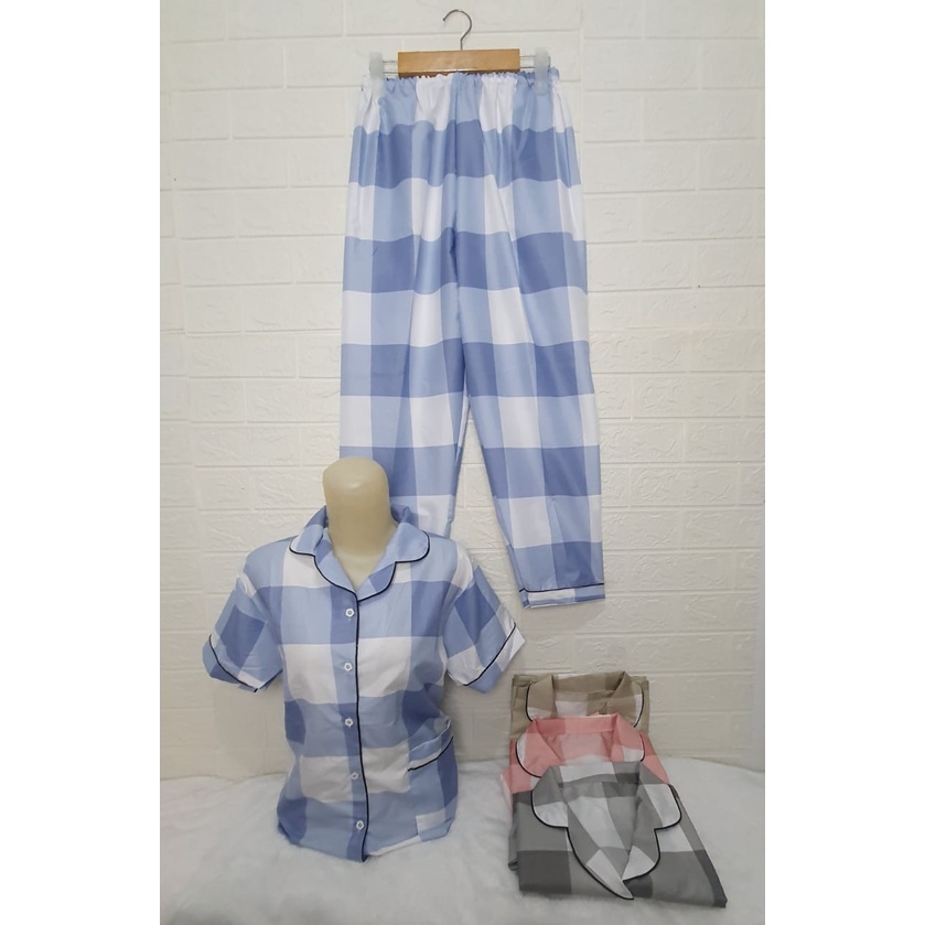 Setelan Lengan Pendek Piyama Baju Tidur Wanita Guilen Kotak Pajamas Cewek Dewasa Kekinian Abg-L NONA Pendek Biru