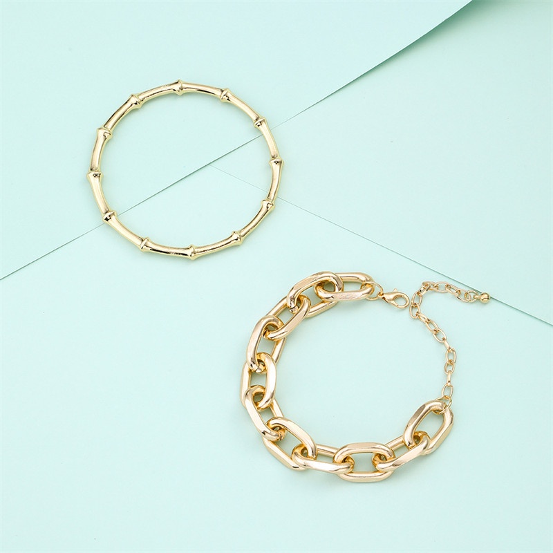 3pcs / Set Gelang Rantai Multilayer Bahan Bambu Tebal Warna Emas Untuk Wanita