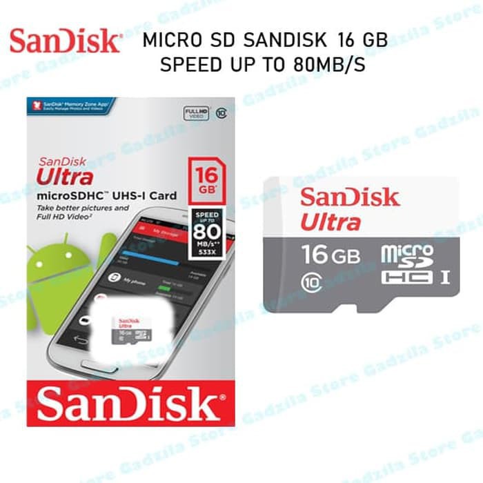 Microsd Sandisk 16 GB Speed 80MB/S(Non Adapter) ORIGINAL BERGARANSI RESMI