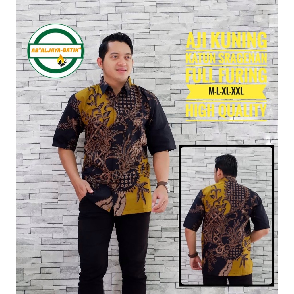 AJI KUNING ALJAYA KEMEJA BATIK SOLO PRIA LENGAN PENDEK PANJANG LAPIS FURING ATASAN PREMIUM MODERN KATUN HALUSPIYAYI EMAS CEMANI MOON HARIMAU SUMATRA MACAN RAFI KAPAL KNDAS BABON ANGKREM ARJUNA KETAMAN ABANG KEMBANG WARNA MERAK  KAWUNG ROGO  MANUK TUMPUK