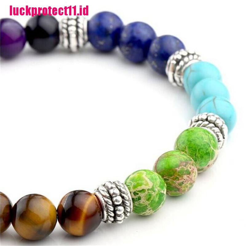 (LUCK) 1pc Gelang Tangan Wanita Manik Batu Lava Rock Chakra Reiki 7 Batu Permata