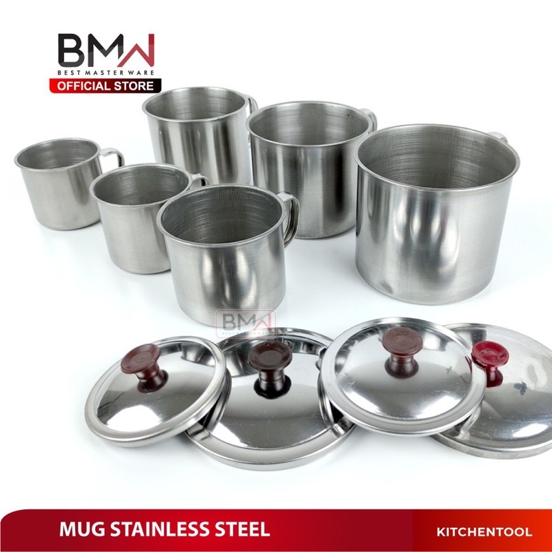INDOLINE - MUG STAINLESS STEEL DENGAN TUTUP - GELAS CANGKIR KOPI TEH 10CM DAN 12CM