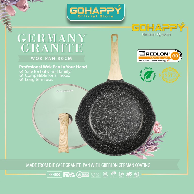 GREBLON C3 Wok Pan 30 cm Germany Granite Gohappy - Panci Penggorengan paling bagus