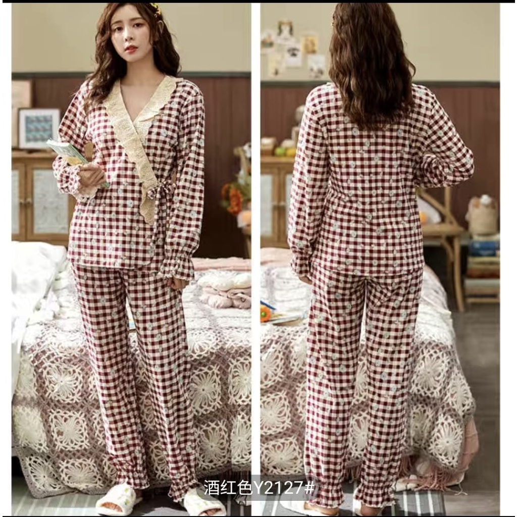 Baju tidur piyama model kimono celana panjang bahan kaos katun import