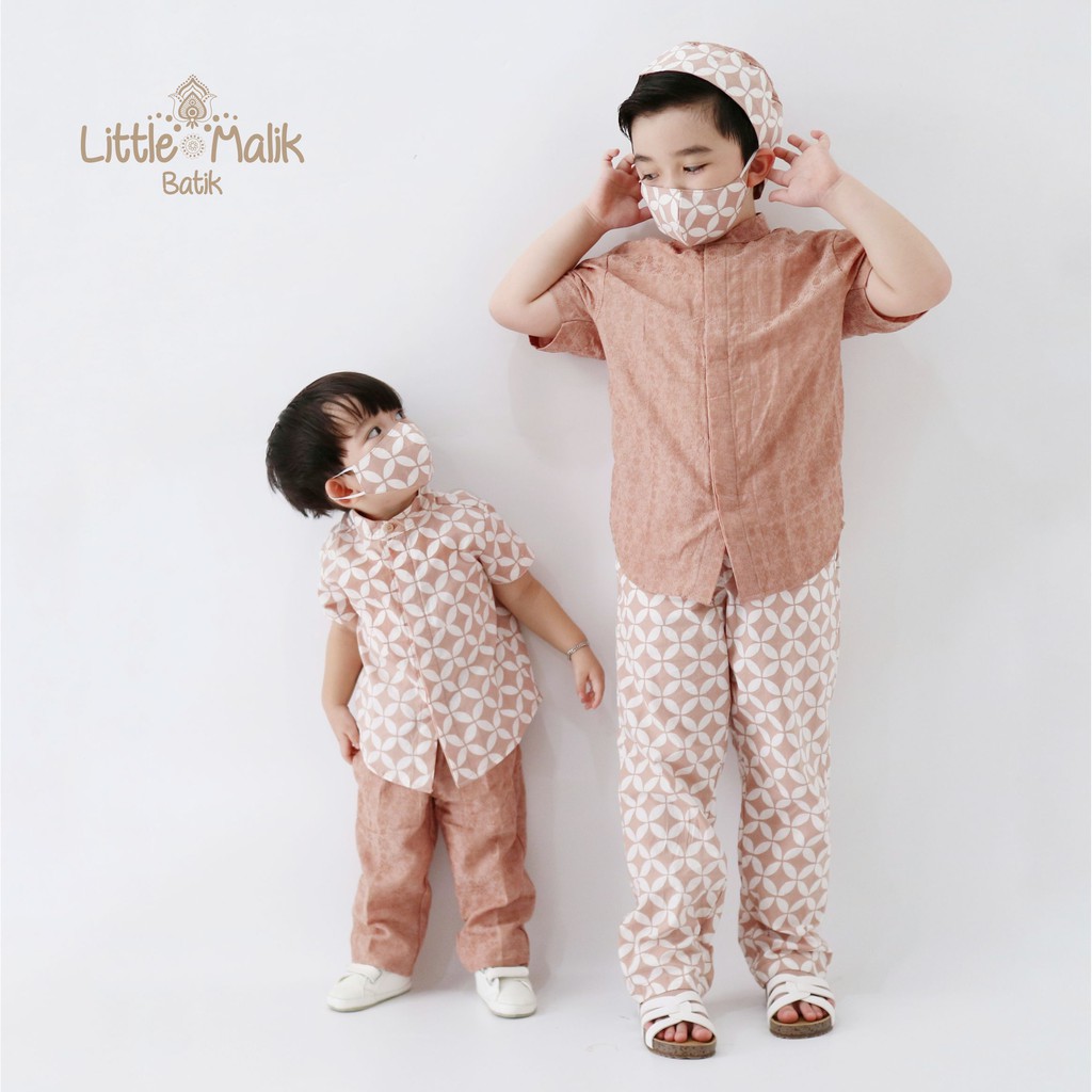 Setelan Kemeja Lengan Pendek Batik Koko Anak By Little Malik Batik, Garutan Dobby Coklat Cream