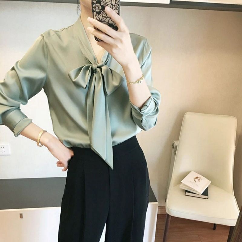 MDLV ~ 7132 Ridelian Tie Neck Shirt Blouse Satin Blouse Premium Blouse Import Blouse Korea Blouse Pita Blouse Casual Atasan Satin Lengan Panjang Fashion Wanita Fashion import