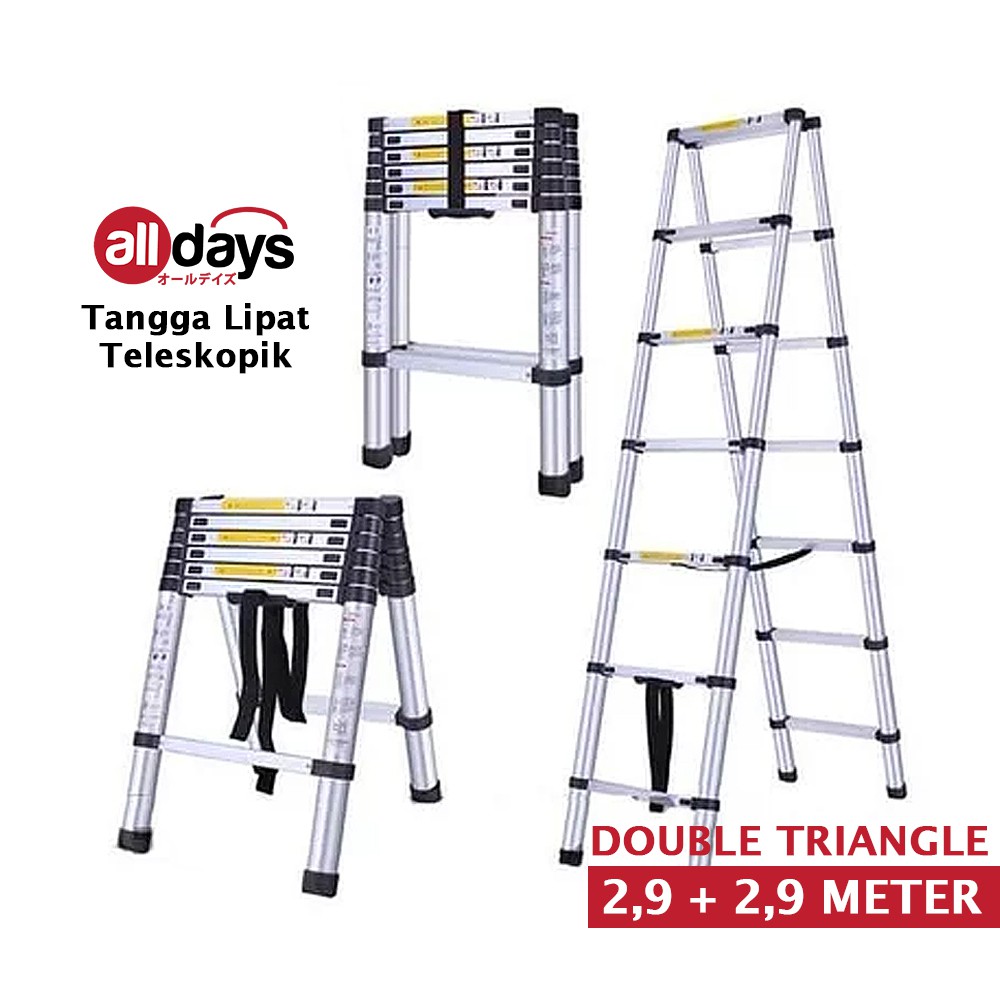 Alldays Tangga Lipat Teleskopik DOUBLE TRIANGLE 2,9 + 2,9 METER Alumunium Ladder Bahan Kuat, Praktis, Simple