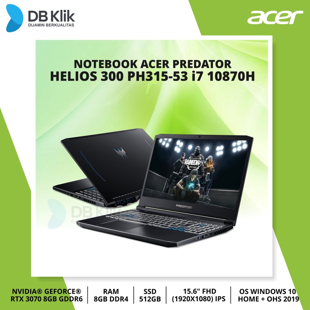 Notebook ACER PREDATOR Helios 300 PH315-53 i7 10870H 16/512G RTX3070 W10+OHS 15.6"