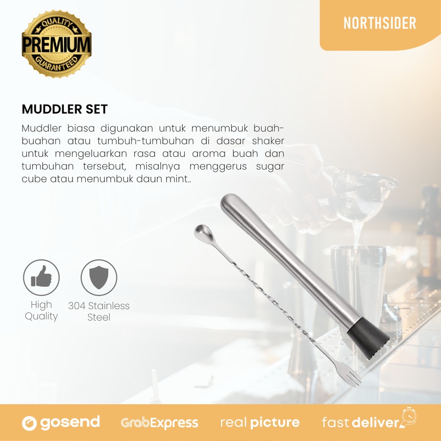 COCKTAIL MIXING MUDDLER STAINLESS STEEL WITH STIRRER - MOJITO