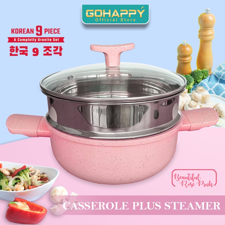 Panci Pastel KOREAN SET 9 PCS GOHAPPY GHK90 | Wajan lengkap Perlengkapan dapur | Cookware Steamer Frypan saucepan wokpan