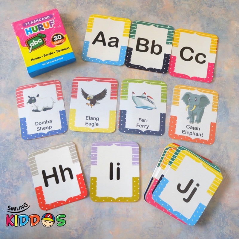 FC HURUF LM - Mainan Edukasi Anak Flashcard Alfabet Abjad Besar Kecil 30 Kartu Hewan Benda Tanaman