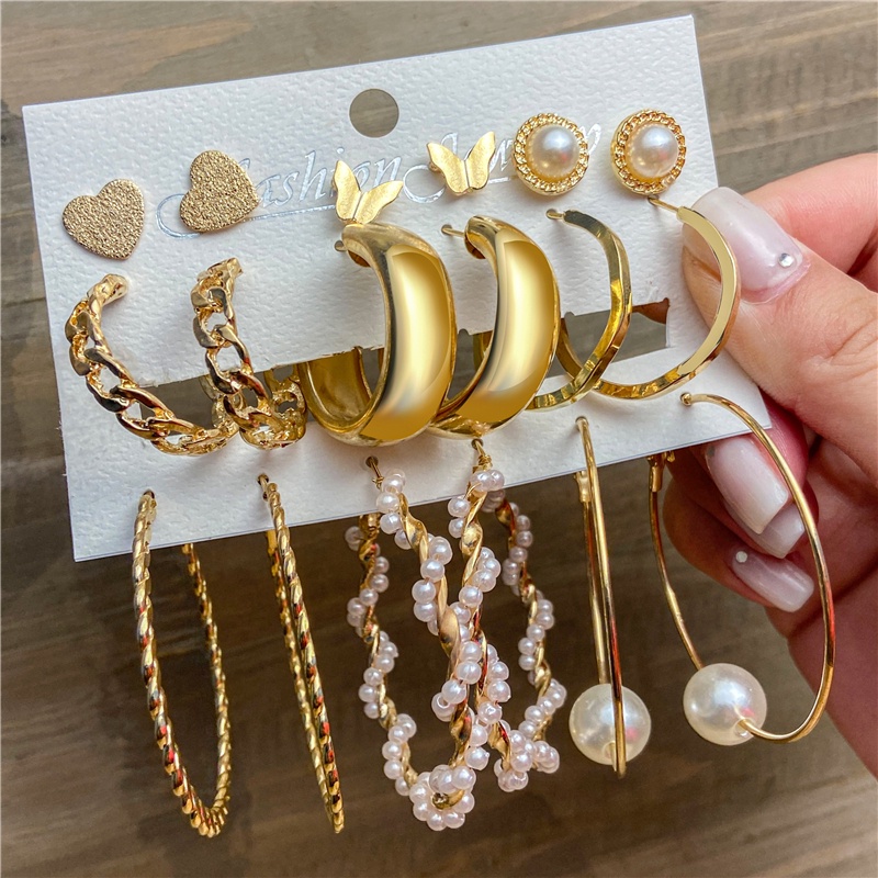 Fashion Resin Pearl Stud Earring Set Butterfly Crystal Gold Earrings Vintage Hoop Earring Women Jewelry Accessories