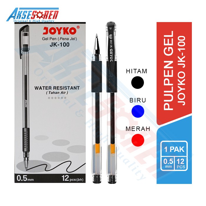 

Pulpen Gel 1 Pack Joyko JK-100 / Bolpoin Balpen Bolpoint Jel / Ball Pen Pena Warna Hitam Biru Merah