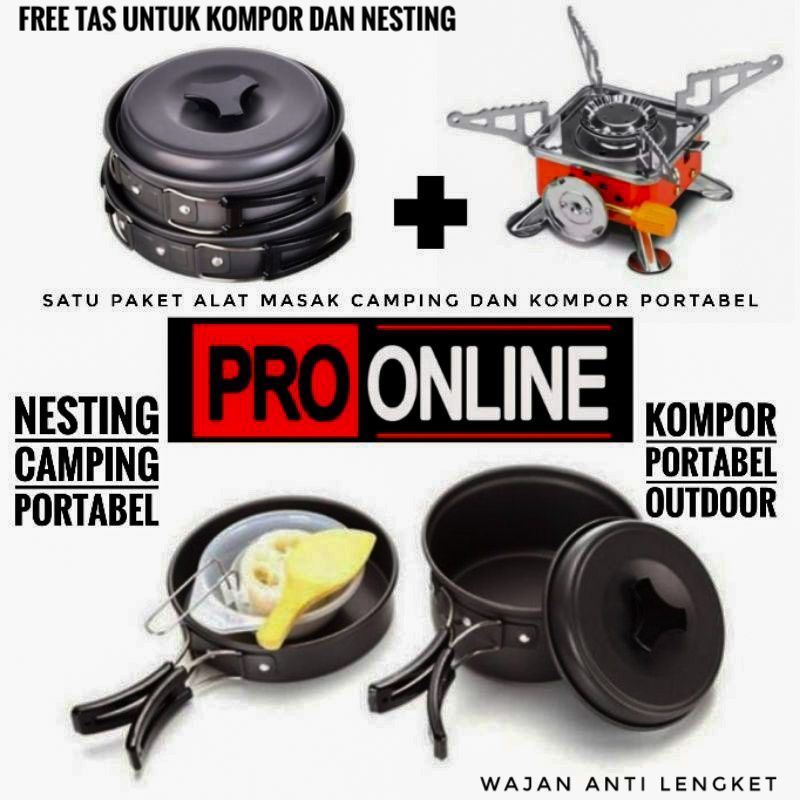 Paket alat masak kemping nesting 2 person SY-200 &amp; kompor portable/ nesing camping traveling outdoor