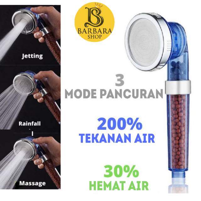 Kepala Shower Mandi ion Jet SPA 3 Mode Pancuran Hujan Bonus Selang 140cm ionizer Healthy Crystal