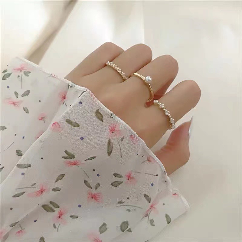 Cincin Kombinasi Mutiara Gaya Korea Untuk Wanita