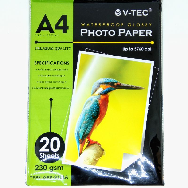 

Kertas Foto Glossy Photo Paper A4 230 Gsm/Gram V-TEC 20 Lb BERKUALITAS