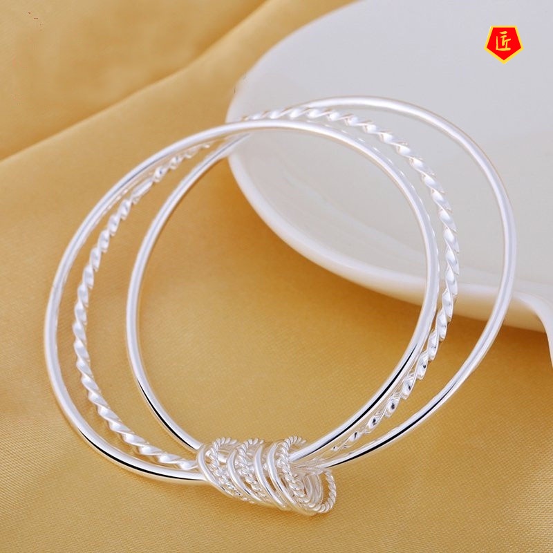 [Ready Stock]Glossy Twist Three-Ring Closed Silver Bracelet