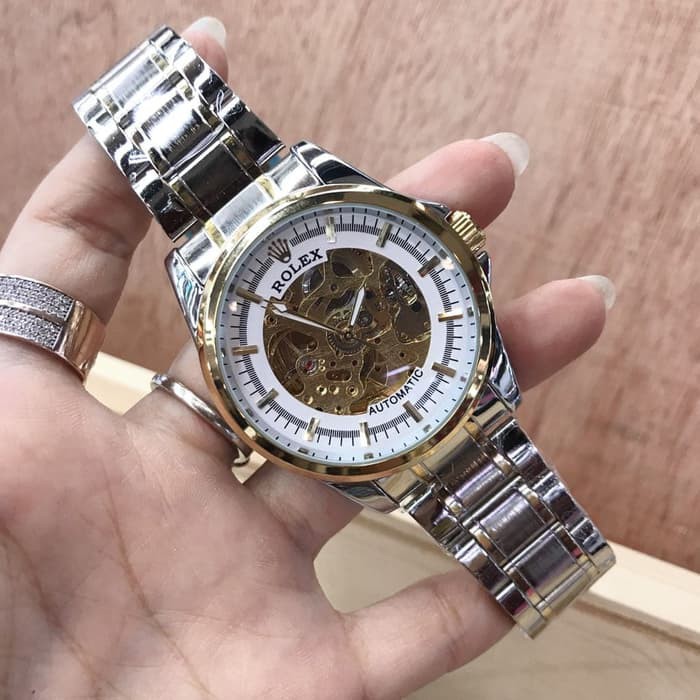 JAM TANGAN PRIA ROLEX AUTOMATIC SKELETON SILVER GOLD (WHITE)
