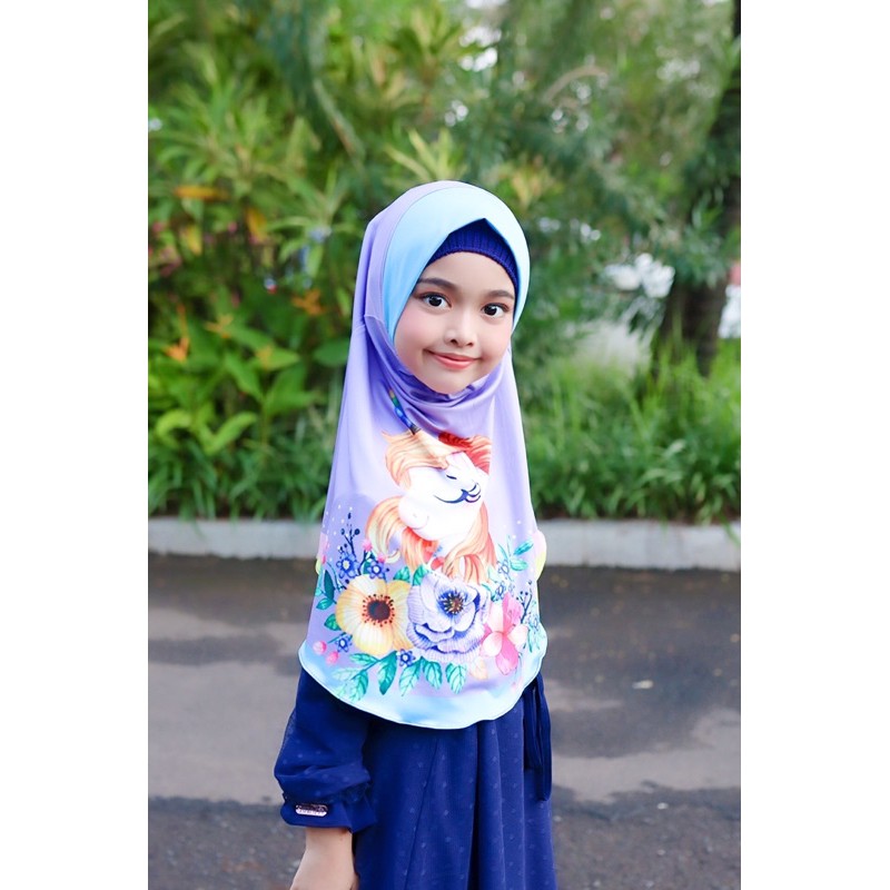 BERGO / HIJAB INSTANT ANAK PRITING MOTIF UNICORN BUNGA / HIJAB ANAK LUCU KARAKTER