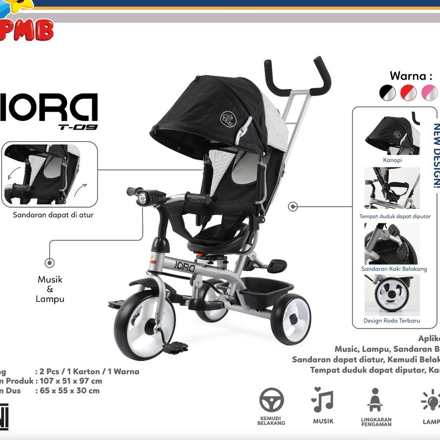 Sepeda Roda Tiga PMB T09 IORA BMX 1-4 Tahun IC Music Headlight Trike Rotate Seat Tricycle