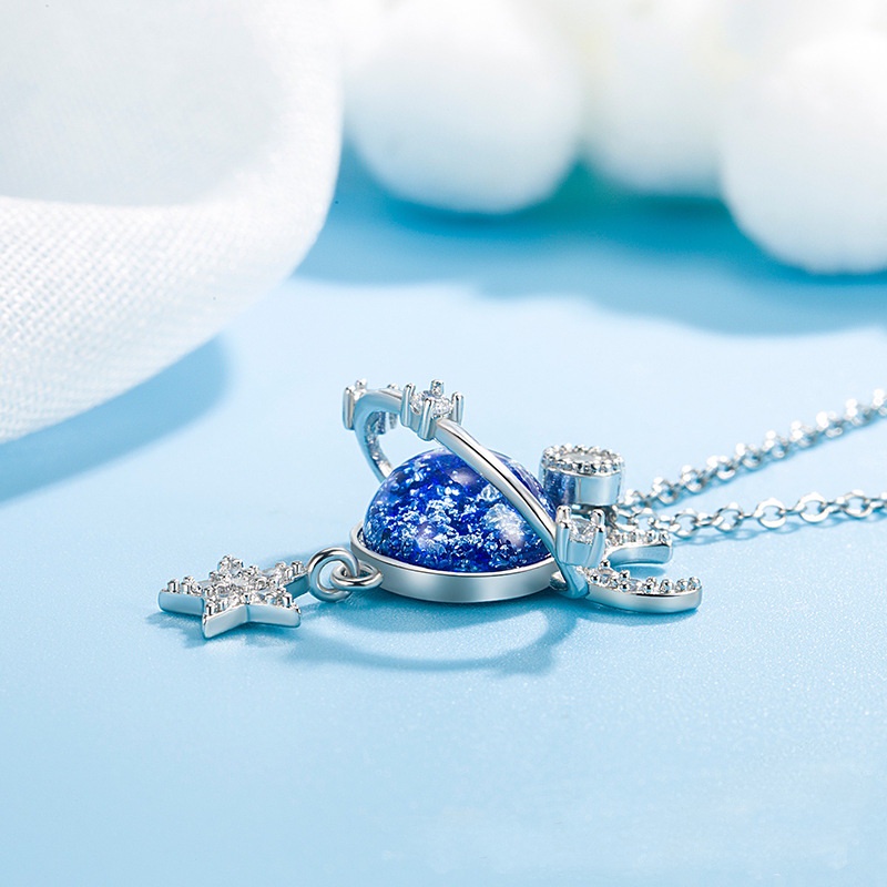 Kalung Rantai Sterling silver 925 Dengan Liontin Bintang / Bulan / planet Hias zircon Untuk Wanita