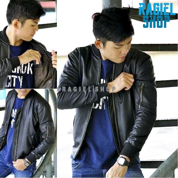 RGL x BOMBER - Jaket Pria Casual Trendy Hitam Mocca Bahan Semi Kulit Sintetis Viena Faux Synthetic L