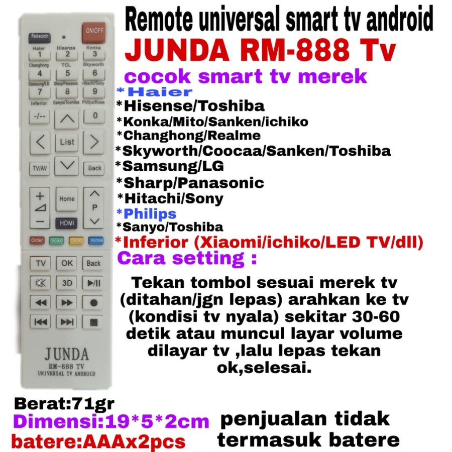 REMOTE REMOT MULTI UNIVERSAL TV LED SMART ANDROID AIER/HISENSE /KONKA/MITO/SANKEN/ICHIKO/CHANGHONG/R