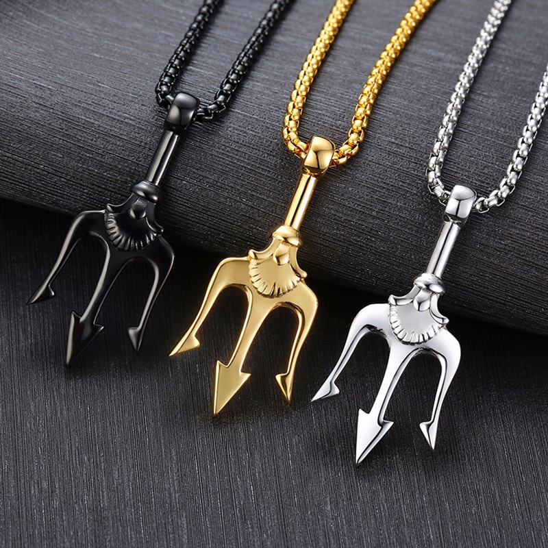 Kalung Rantai Klavikula Liontin Trident Bahan Stainless Steel Metal Gaya Punk Hip-Hop Untuk Pria