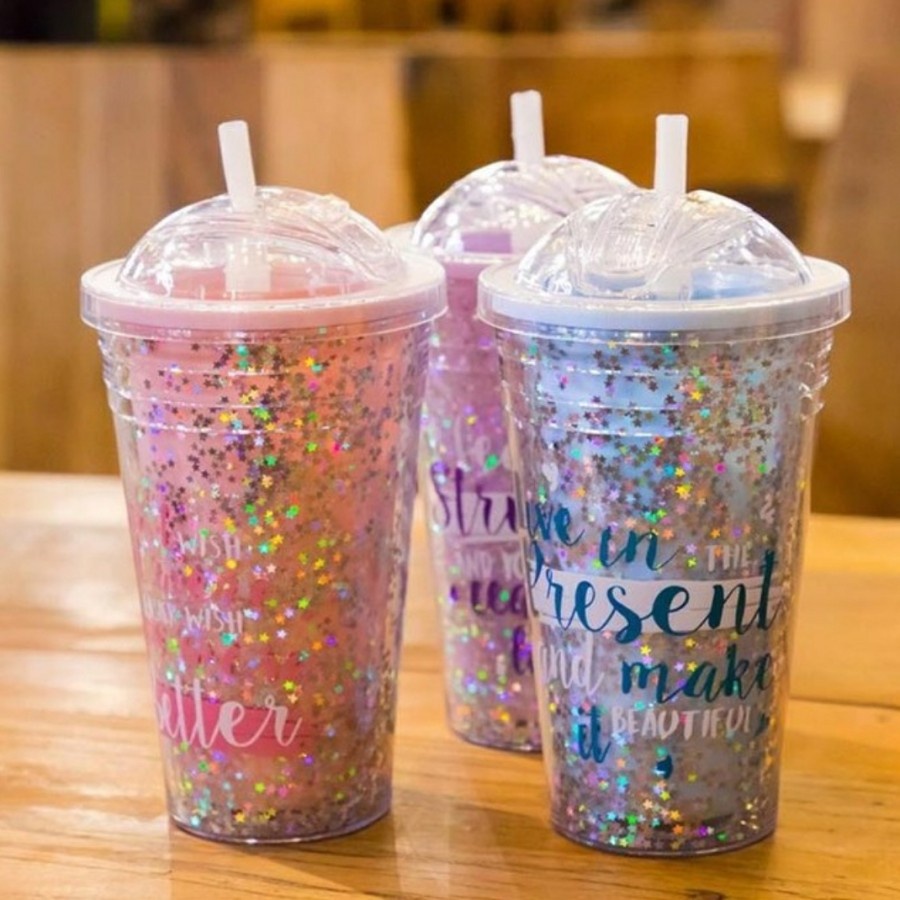 Botol Minum Glitter Gelas Glitter Tumbler Cups Blink Gelas Botol Minum Air Sedotan 450ml