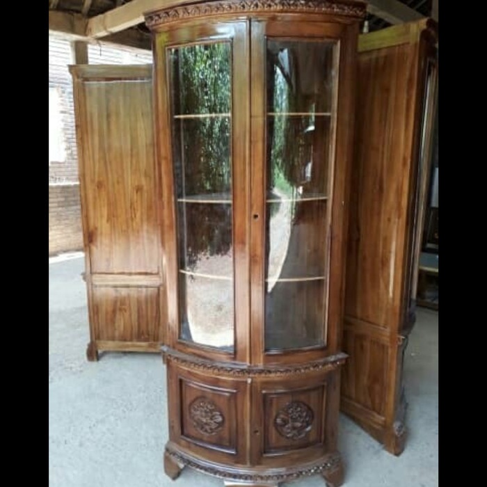 rak hias lemari pojok sudut kaca kayu jati ukir murah