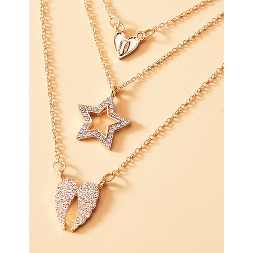 LRC Kalung Fashion Golden Diamond Heart Wings Pentagram Alloy Multilayer Necklace K83445